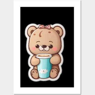 Cute teddy bear with coffee Posters and Art